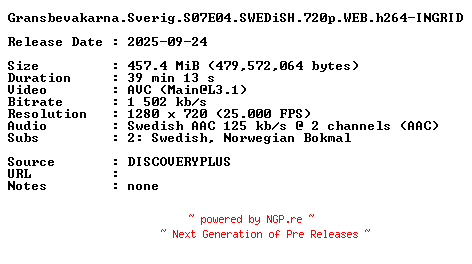 NFO for the release Gransbevakarna.Sverig.S07E04.SWEDiSH.720p.WEB.h264-INGRID by INGRID