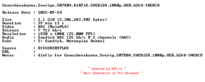 NFO for the release Gransbevakarna.Sverige.S07E04.DiRFiX.SWEDiSH.1080p.WEB.h264-INGRID by INGRID