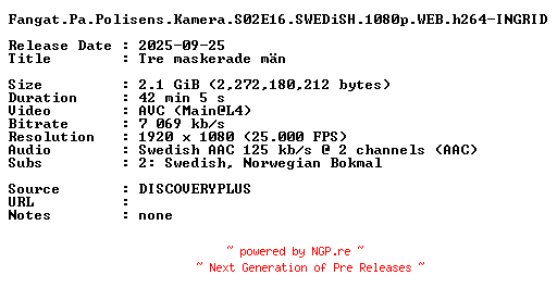 NFO for the release Fangat.Pa.Polisens.Kamera.S02E16.SWEDiSH.1080p.WEB.h264-INGRID by INGRID