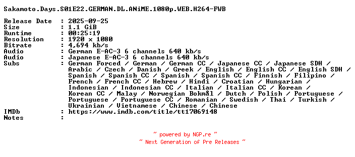 NFO for the release Sakamoto.Days.S01E22.GERMAN.DL.ANiME.1080p.WEB.H264-FWB by FWB