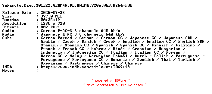 NFO for the release Sakamoto.Days.S01E22.GERMAN.DL.ANiME.720p.WEB.H264-FWB by FWB