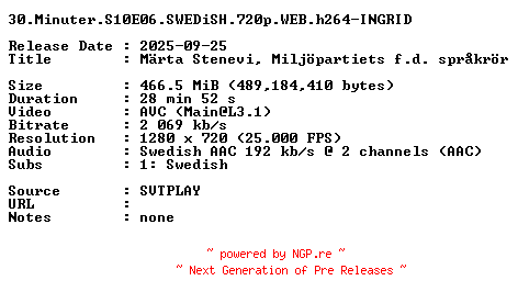 NFO for the release 30.Minuter.S10E06.SWEDiSH.720p.WEB.h264-INGRID by INGRID