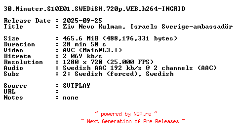 NFO for the release 30.Minuter.S10E01.SWEDiSH.720p.WEB.h264-INGRID by INGRID