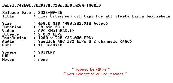 NFO for the release Babel.S42E01.SWEDiSH.720p.WEB.h264-INGRID by INGRID