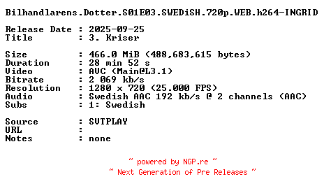 NFO for the release Bilhandlarens.Dotter.S01E03.SWEDiSH.720p.WEB.h264-INGRID by INGRID