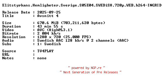 NFO for the release Elitstyrkans.Hemligheter.Sverige.S05E04.SWEDiSH.720p.WEB.h264-INGRID by INGRID