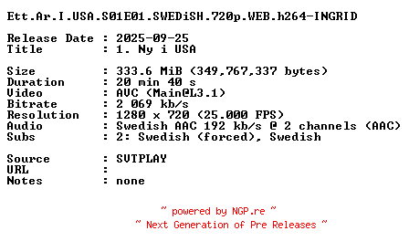NFO for the release Ett.Ar.I.USA.S01E01.SWEDiSH.720p.WEB.h264-INGRID by INGRID