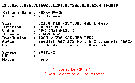 NFO for the release Ett.Ar.I.USA.S01E02.SWEDiSH.720p.WEB.h264-INGRID by INGRID