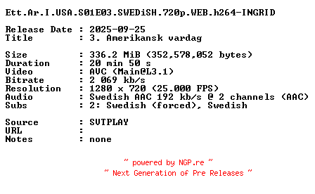 NFO for the release Ett.Ar.I.USA.S01E03.SWEDiSH.720p.WEB.h264-INGRID by INGRID