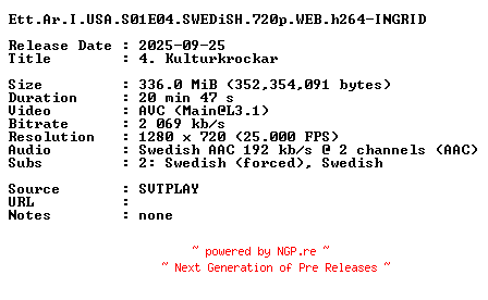 NFO for the release Ett.Ar.I.USA.S01E04.SWEDiSH.720p.WEB.h264-INGRID by INGRID