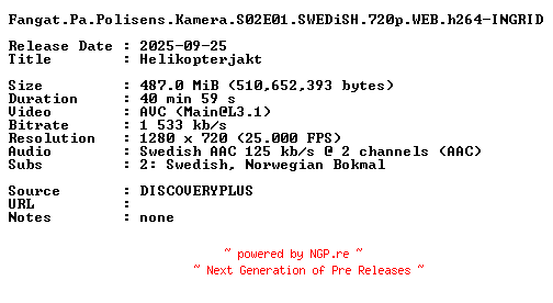 NFO for the release Fangat.Pa.Polisens.Kamera.S02E01.SWEDiSH.720p.WEB.h264-INGRID by INGRID