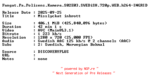 NFO for the release Fangat.Pa.Polisens.Kamera.S02E03.SWEDiSH.720p.WEB.h264-INGRID by INGRID