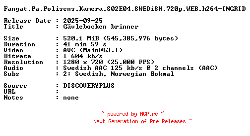 NFO for the release Fangat.Pa.Polisens.Kamera.S02E04.SWEDiSH.720p.WEB.h264-INGRID by INGRID