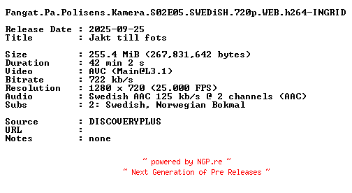 NFO for the release Fangat.Pa.Polisens.Kamera.S02E05.SWEDiSH.720p.WEB.h264-INGRID by INGRID