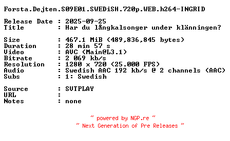 NFO for the release Forsta.Dejten.S09E01.SWEDiSH.720p.WEB.h264-INGRID by INGRID