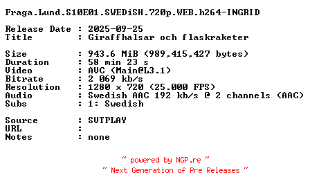 NFO for the release Fraga.Lund.S10E01.SWEDiSH.720p.WEB.h264-INGRID by INGRID