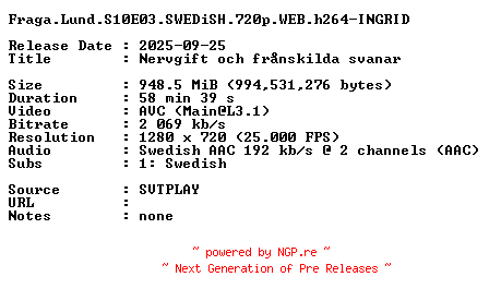 NFO for the release Fraga.Lund.S10E03.SWEDiSH.720p.WEB.h264-INGRID by INGRID