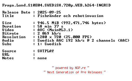 NFO for the release Fraga.Lund.S10E04.SWEDiSH.720p.WEB.h264-INGRID by INGRID