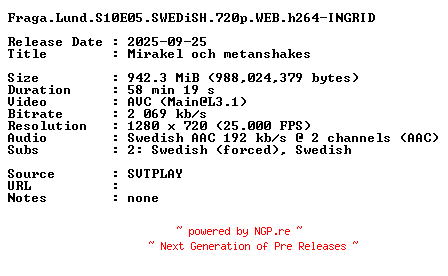NFO for the release Fraga.Lund.S10E05.SWEDiSH.720p.WEB.h264-INGRID by INGRID