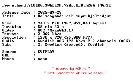 NFO for the release Fraga.Lund.S10E06.SWEDiSH.720p.WEB.h264-INGRID by INGRID