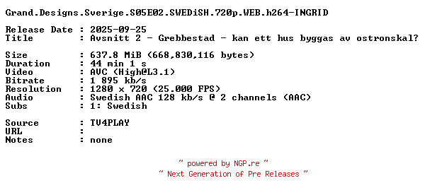 NFO for the release Grand.Designs.Sverige.S05E02.SWEDiSH.720p.WEB.h264-INGRID by INGRID