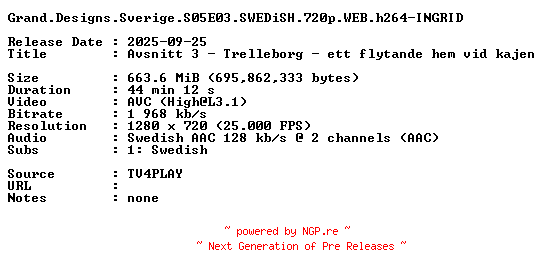 NFO for the release Grand.Designs.Sverige.S05E03.SWEDiSH.720p.WEB.h264-INGRID by INGRID