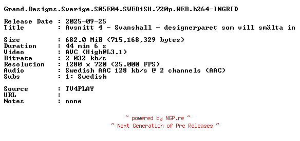 NFO for the release Grand.Designs.Sverige.S05E04.SWEDiSH.720p.WEB.h264-INGRID by INGRID