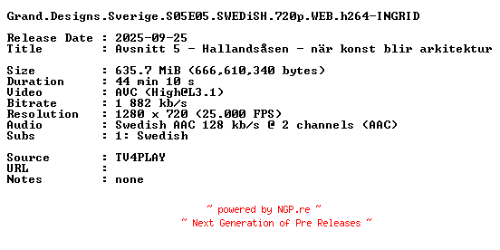 NFO for the release Grand.Designs.Sverige.S05E05.SWEDiSH.720p.WEB.h264-INGRID by INGRID