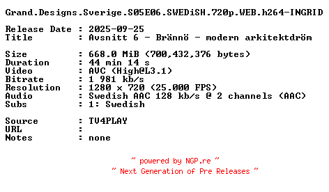 NFO for the release Grand.Designs.Sverige.S05E06.SWEDiSH.720p.WEB.h264-INGRID by INGRID