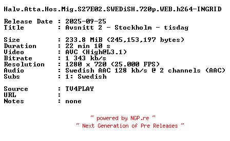 NFO for the release Halv.Atta.Hos.Mig.S27E02.SWEDiSH.720p.WEB.h264-INGRID by INGRID