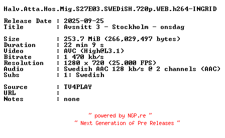 NFO for the release Halv.Atta.Hos.Mig.S27E03.SWEDiSH.720p.WEB.h264-INGRID by INGRID