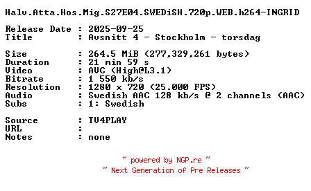 NFO for the release Halv.Atta.Hos.Mig.S27E04.SWEDiSH.720p.WEB.h264-INGRID by INGRID
