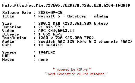 NFO for the release Halv.Atta.Hos.Mig.S27E05.SWEDiSH.720p.WEB.h264-INGRID by INGRID