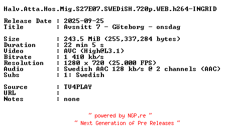 NFO for the release Halv.Atta.Hos.Mig.S27E07.SWEDiSH.720p.WEB.h264-INGRID by INGRID