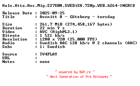 NFO for the release Halv.Atta.Hos.Mig.S27E08.SWEDiSH.720p.WEB.h264-INGRID by INGRID