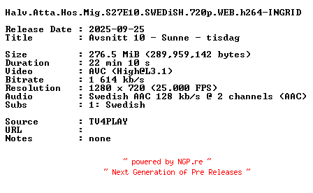 NFO for the release Halv.Atta.Hos.Mig.S27E10.SWEDiSH.720p.WEB.h264-INGRID by INGRID