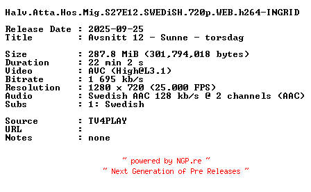 NFO for the release Halv.Atta.Hos.Mig.S27E12.SWEDiSH.720p.WEB.h264-INGRID by INGRID