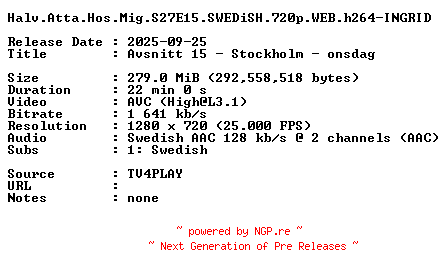NFO for the release Halv.Atta.Hos.Mig.S27E15.SWEDiSH.720p.WEB.h264-INGRID by INGRID