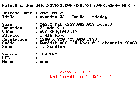 NFO for the release Halv.Atta.Hos.Mig.S27E22.SWEDiSH.720p.WEB.h264-INGRID by INGRID