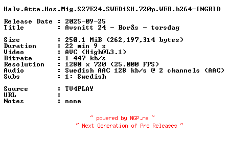 NFO for the release Halv.Atta.Hos.Mig.S27E24.SWEDiSH.720p.WEB.h264-INGRID by INGRID