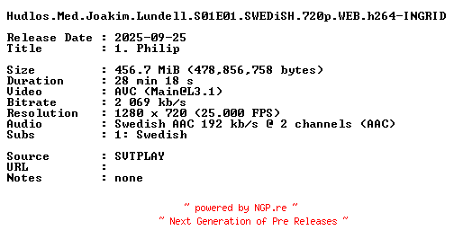 NFO for the release Hudlos.Med.Joakim.Lundell.S01E01.SWEDiSH.720p.WEB.h264-INGRID by INGRID
