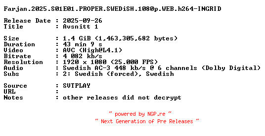 NFO for the release Farjan.2025.S01E01.PROPER.SWEDiSH.1080p.WEB.h264-INGRID by INGRID