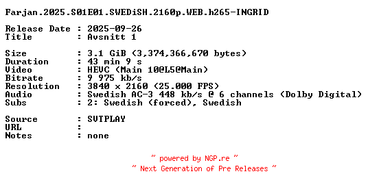NFO for the release Farjan.2025.S01E01.SWEDiSH.2160p.WEB.h265-INGRID by INGRID
