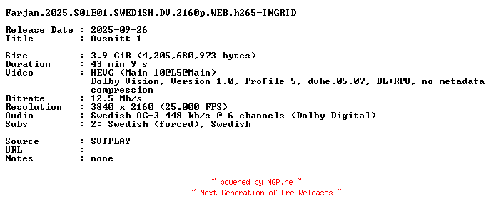 NFO for the release Farjan.2025.S01E01.SWEDiSH.DV.2160p.WEB.h265-INGRID by INGRID
