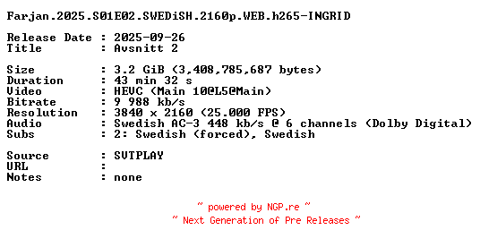 NFO for the release Farjan.2025.S01E02.SWEDiSH.2160p.WEB.h265-INGRID by INGRID