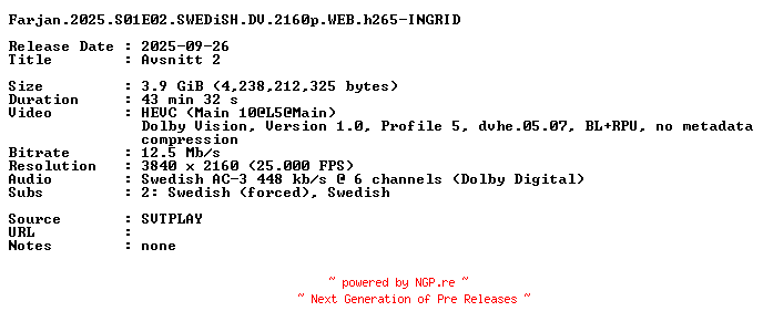 NFO for the release Farjan.2025.S01E02.SWEDiSH.DV.2160p.WEB.h265-INGRID by INGRID