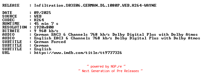 NFO for the release Infiltration.S03E06.GERMAN.DL.1080P.WEB.H264-WAYNE by WAYNE