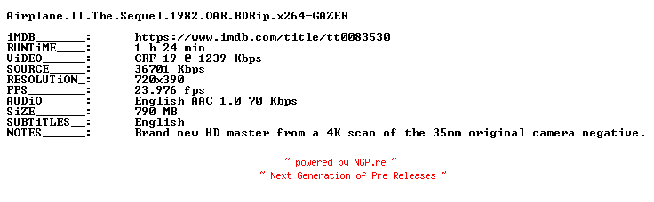 NFO for the release Airplane.II.The.Sequel.1982.OAR.BDRip.x264-GAZER by GAZER