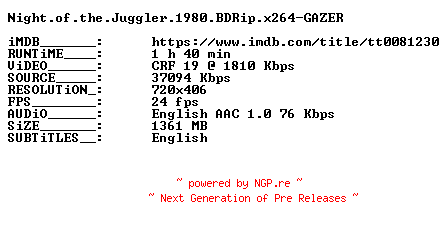 NFO for the release Night.of.the.Juggler.1980.BDRip.x264-GAZER by GAZER