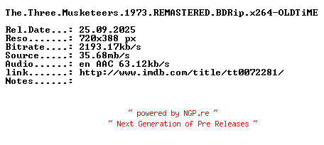 NFO for the release The.Three.Musketeers.1973.REMASTERED.BDRip.x264-OLDTiME by OLDTiME